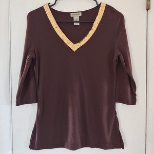 decoded gold sequin brown v-neck 3/4 sleeve top
